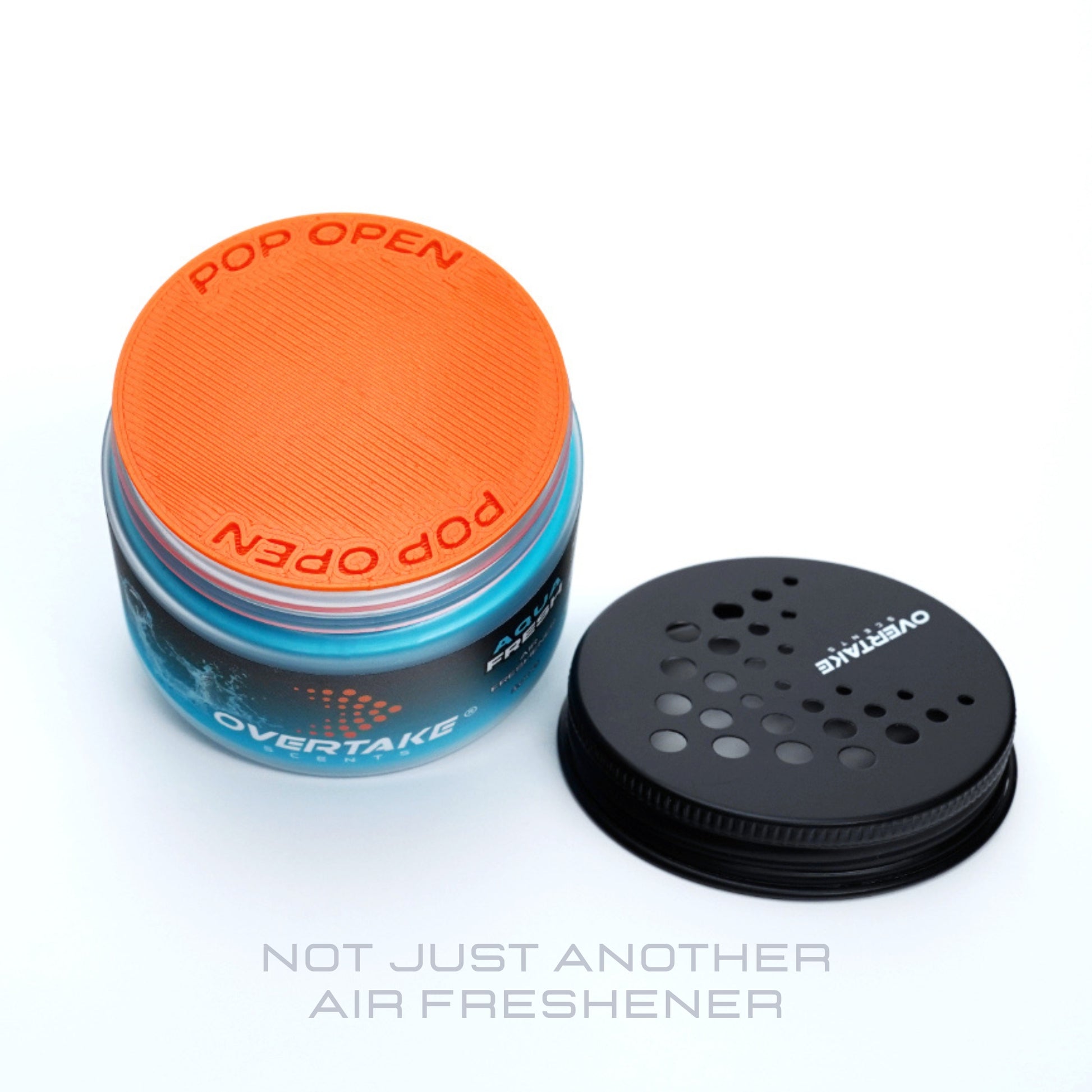 Aqua Fresh gel car air freshener with lid removed, freshness seal intact — Overtake Scents