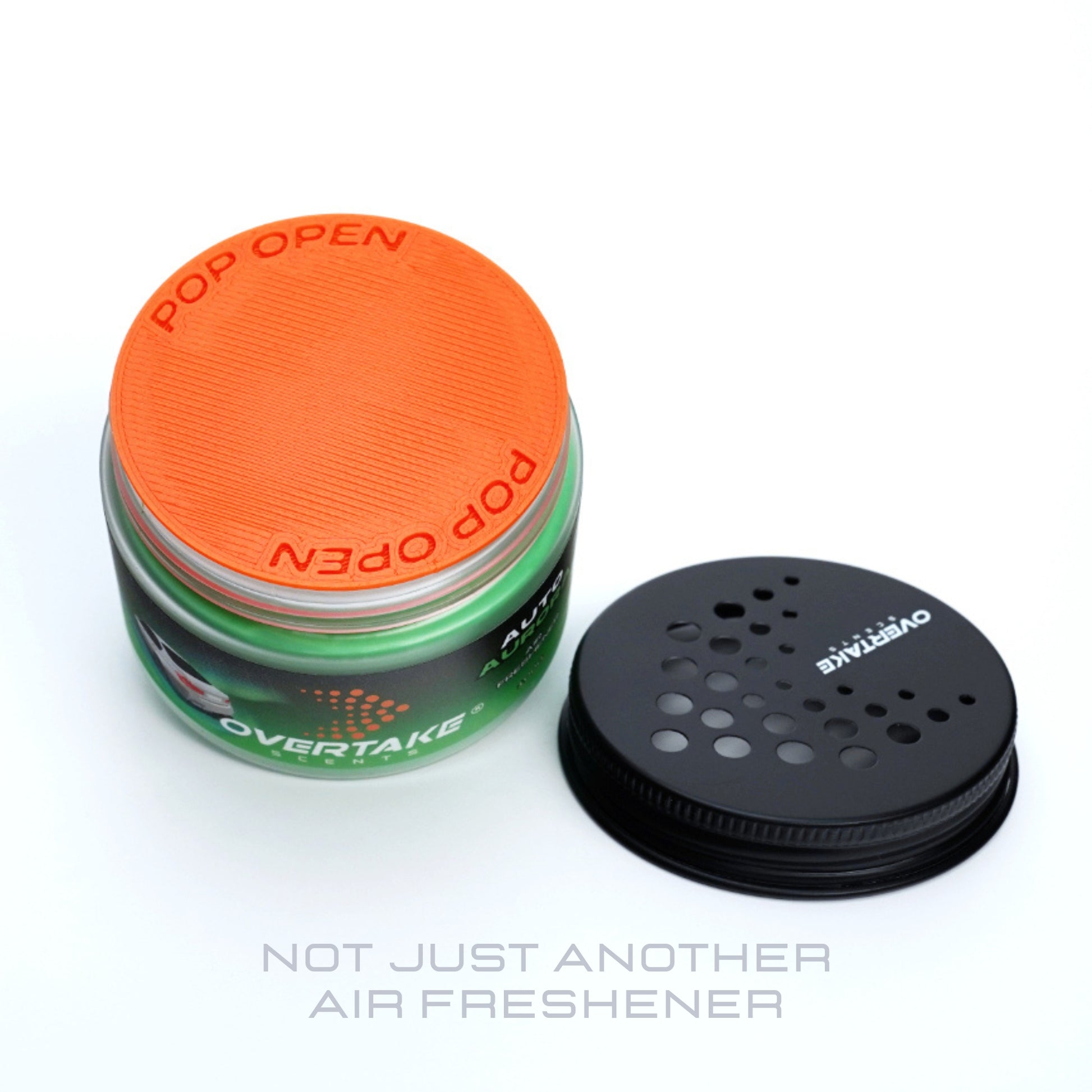 Auto Aurora gel car air freshener with lid removed, freshness seal intact — Overtake Scents