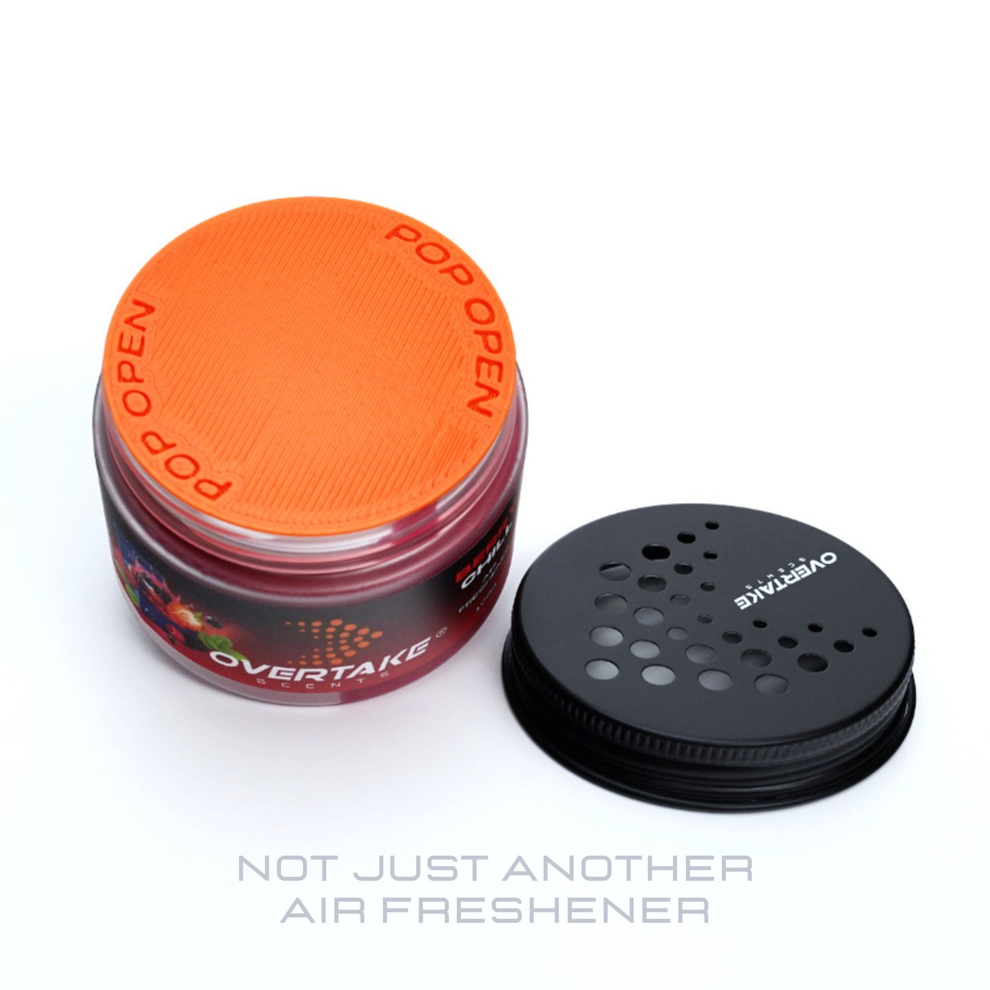 Berry Chill gel car air freshener with lid removed, freshness seal intact — Overtake Scents
