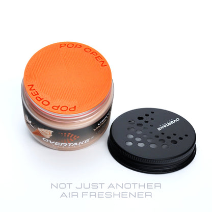 Very Vanilla gel car air freshener with lid removed, freshness seal intact — Overtake Scents